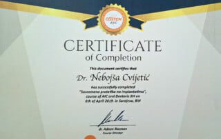 Stomatološka ordinacija dr Cvijetić Impladent - Doktorski certifikat o završenoj stomatološkoj edukaciji