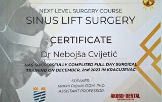 Stomatološka ordinacija dr Cvijetić Impladent - Certifikat o usješno završenoj edukaciji pod nazivom ''sinus lift''