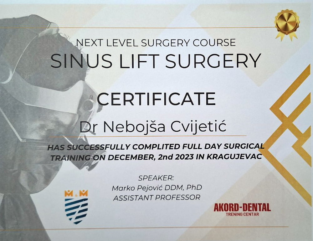 Stomatološka ordinacija dr Cvijetić Impladent - Certifikat o usješno završenoj edukaciji pod nazivom ''sinus lift''