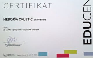 Stomatološka ordinacija dr Cvijetić Impladent - Certifikat o uspješno završenoj edukaciji ''All on 4''