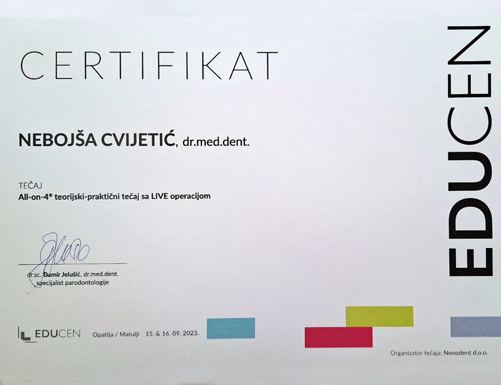 Stomatološka ordinacija dr Cvijetić Impladent - Certifikat o uspješno završenoj edukaciji ''All on 4''