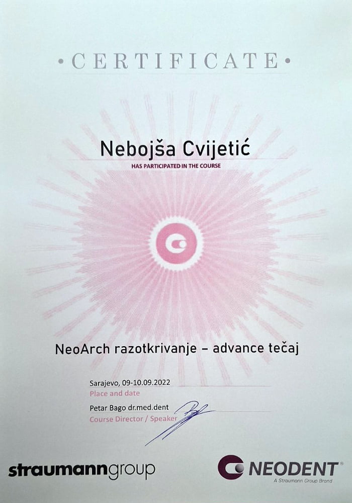 Zubar Doboj, dr Cvijetić Impladent - Certifikat o uspješno završenoj naprednoj edukaciji ''NeoArch razotkrivanje''
